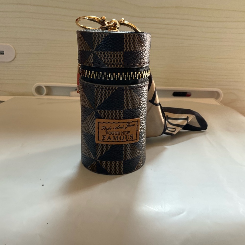 Brown Checkered Cosmetic Bag Keychain mini